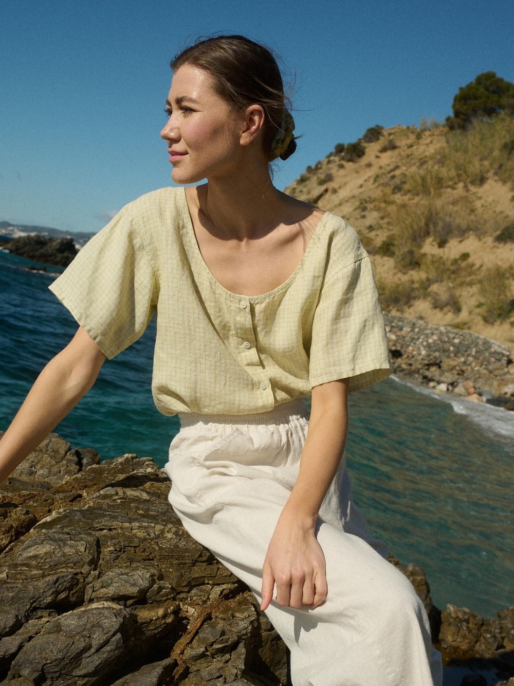 linenfox simon top apple checks s/m 100% linen lengthened sleeves
